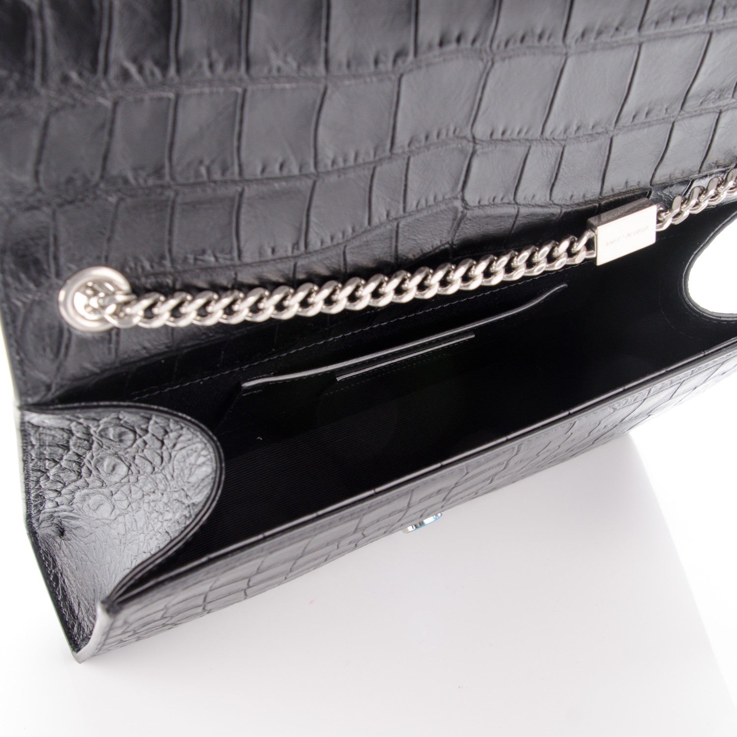 Saint Laurent Calfskin Crocodile Embossed Medium Classic Monogram Kate Tassel Satchel Black 5 of 7