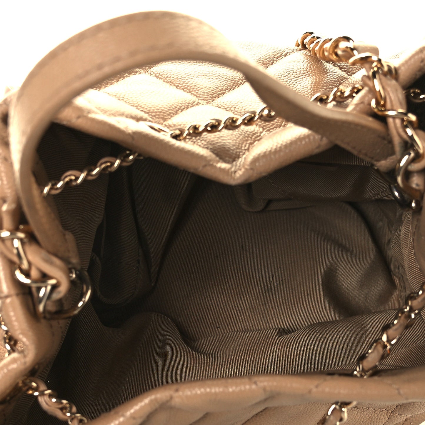 Caviar Quilted Rolled Up Bucket Drawstring Bag Beige