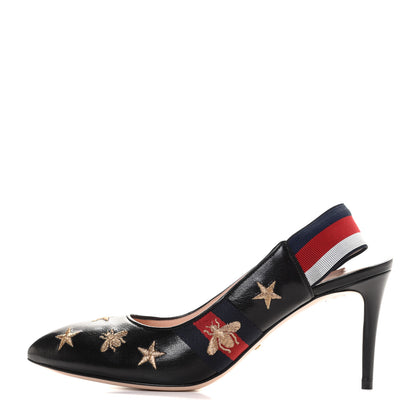 Gucci Malaga Kid Web Bee Star Embroidered Sylvie Mid Heel Slingback Pumps 40 Black 1 of 9