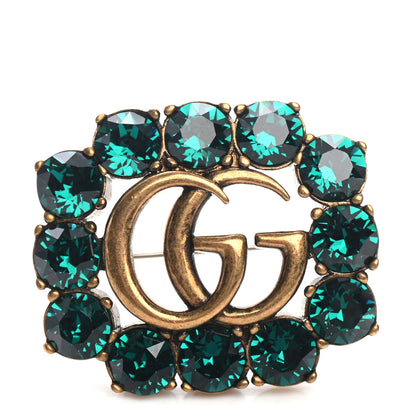 Gucci Metal Crystal Double G Brooch Aged Gold Green 1 of 4