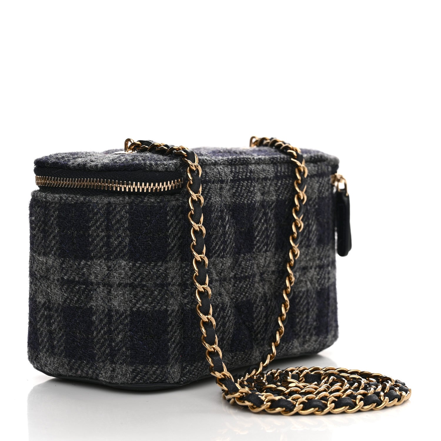 Chanel Wool Plaid Quilted Small Vanity Case With Chain Blue 3 of 10
