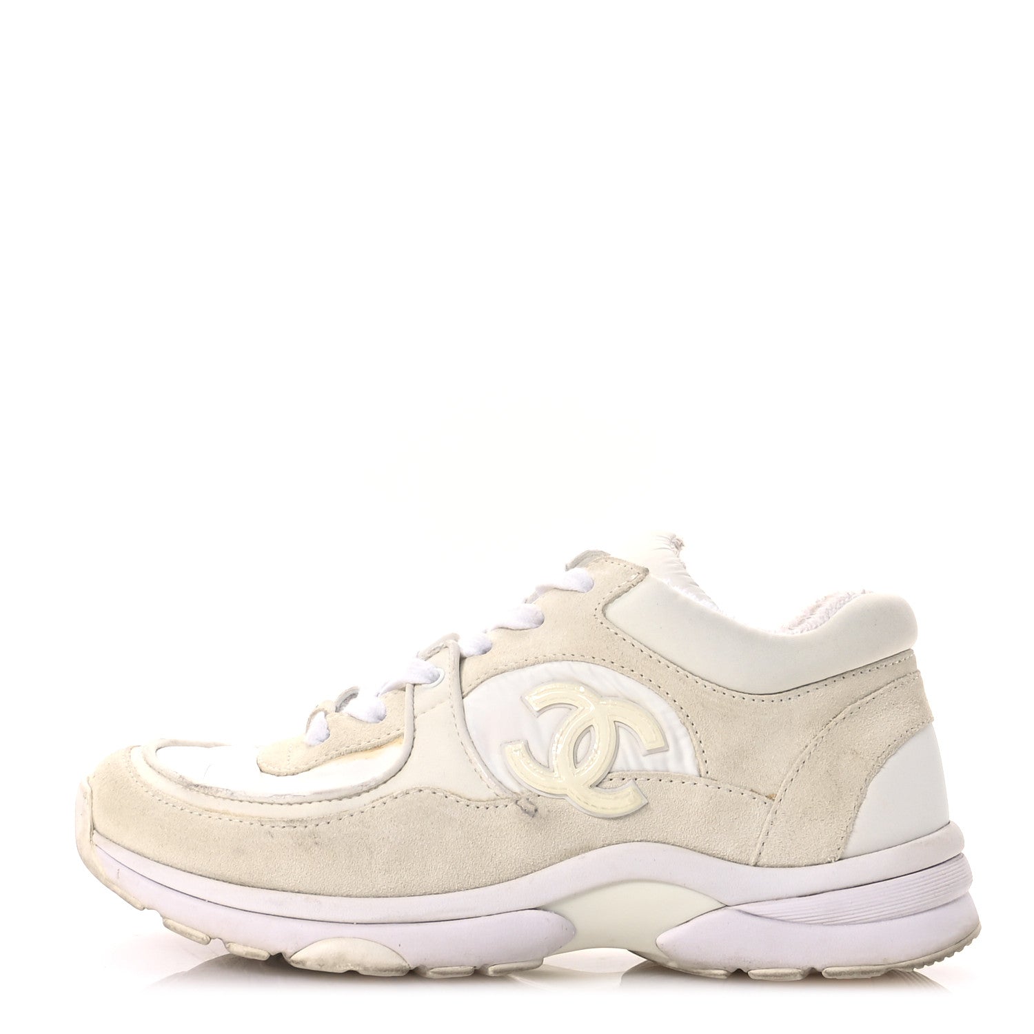 Chanel Suede Calfskin Fabric CC Sneakers 36.5 White 1 of 9