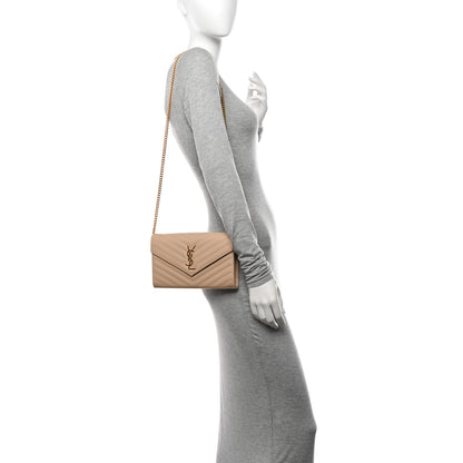 Saint Laurent Grain De Poudre Matelasse Chevron Monogram Envelope Chain Wallet Nude Powder 2 of 10