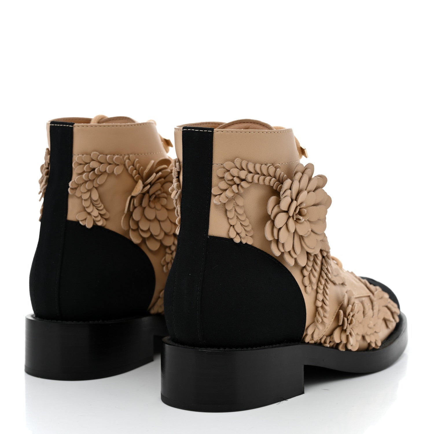 Chanel Embroidered Lambskin Grosgrain Lace Up Boots 38 Beige Black 4 of 8