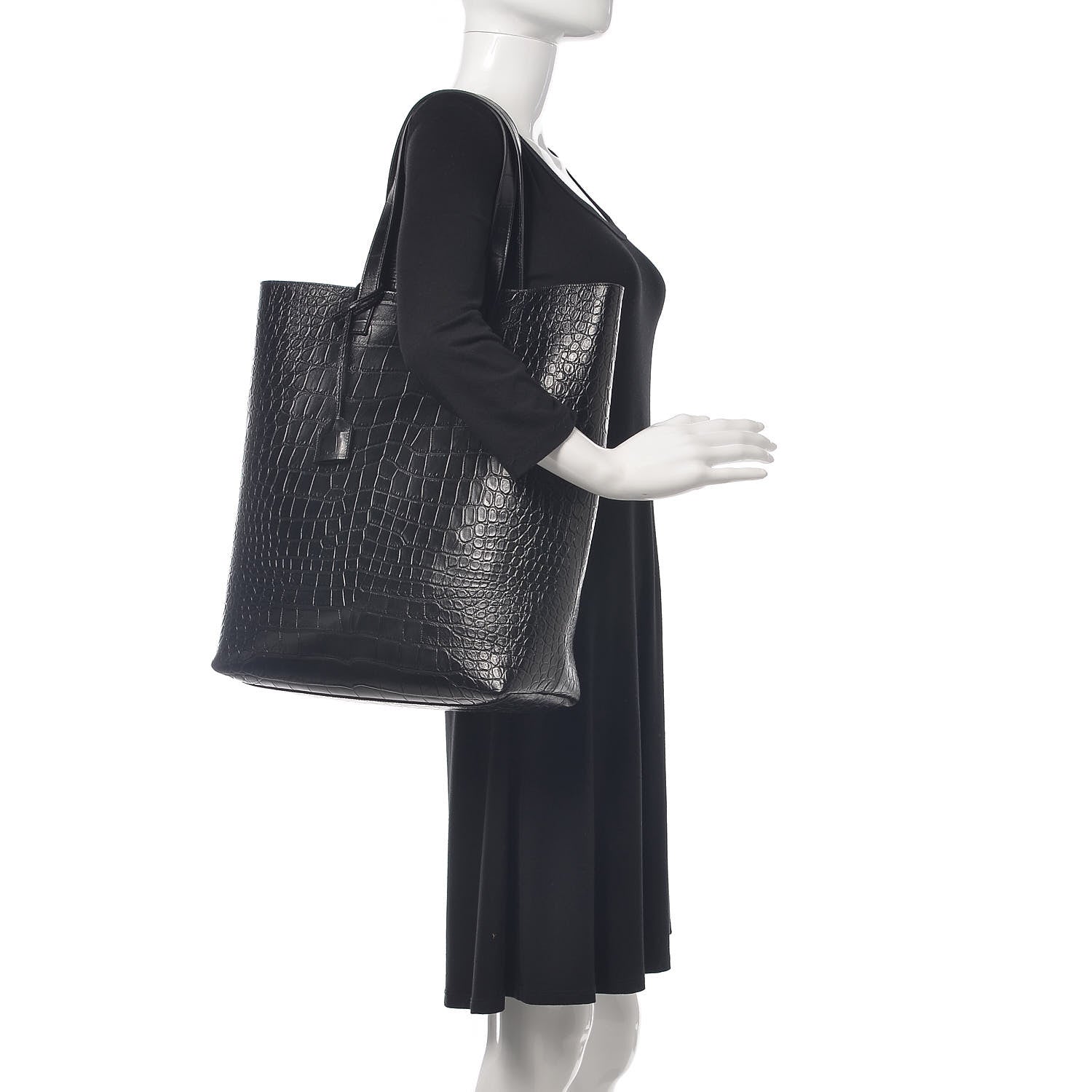 Saint Laurent Calfskin Crocodile Embossed Bold Shopper Tote Black 2 of 12