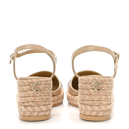 Chanel Lambskin Grosgrain CC Espadrilles Wedges 37 Beige Black 5 of 9