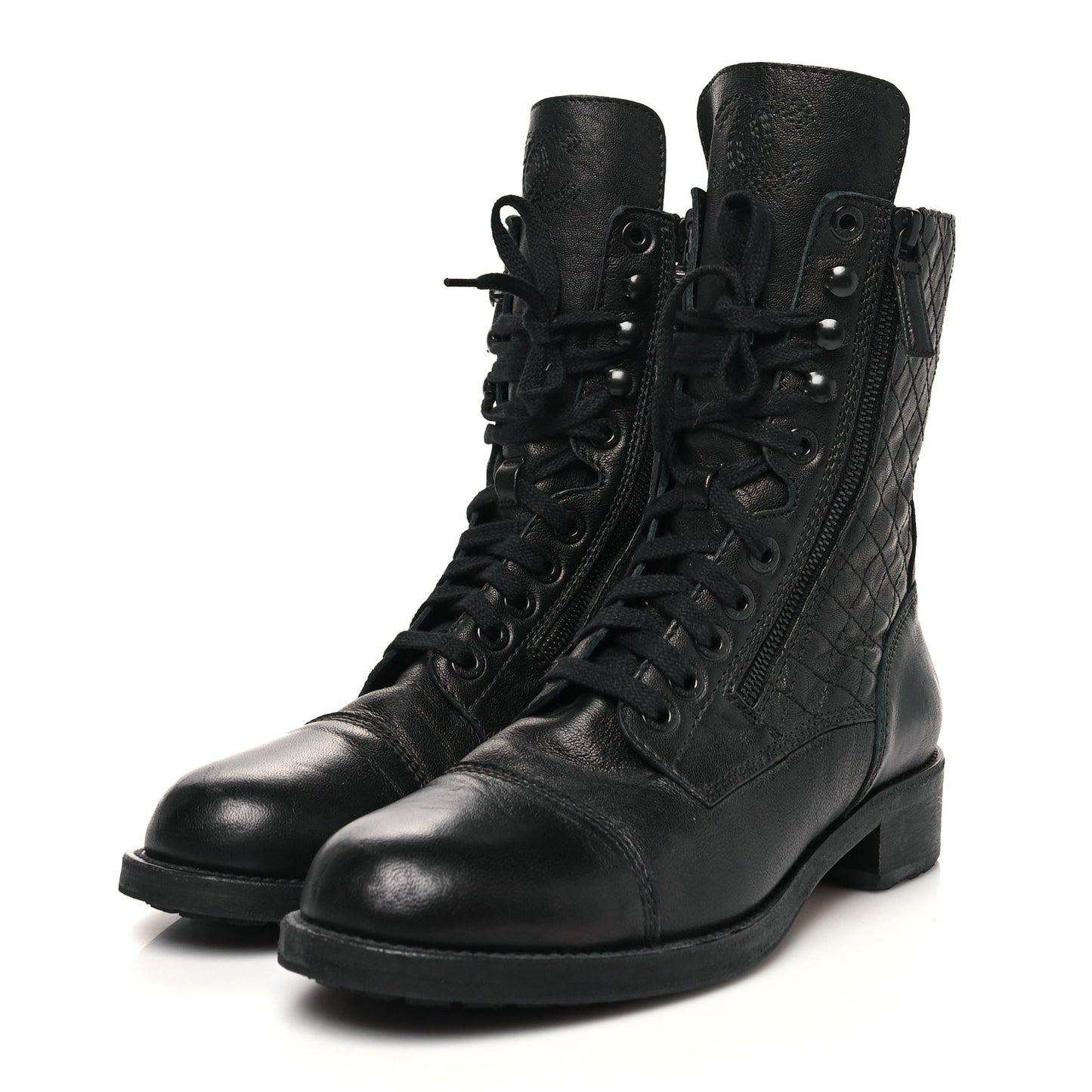 Sheepskin Quilted CC Tall Lace Up Combat Boots 41 Black