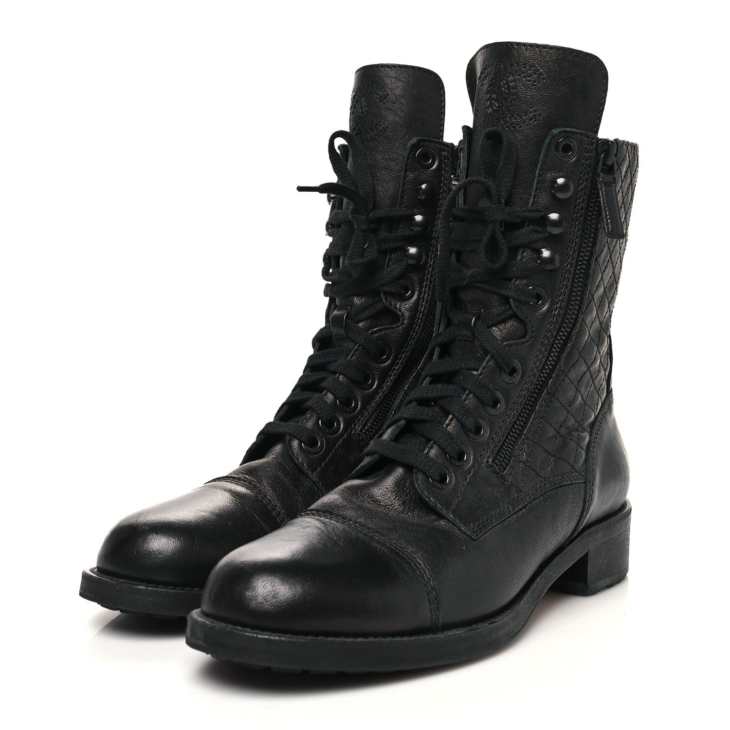 Chanel Sheepskin Quilted CC Tall Lace Up Combat Boots 41 Black 3 of 7