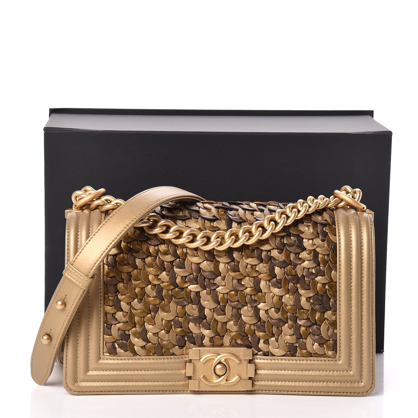 Metallic Lambskin Medium Scaled Boy Flap Gold