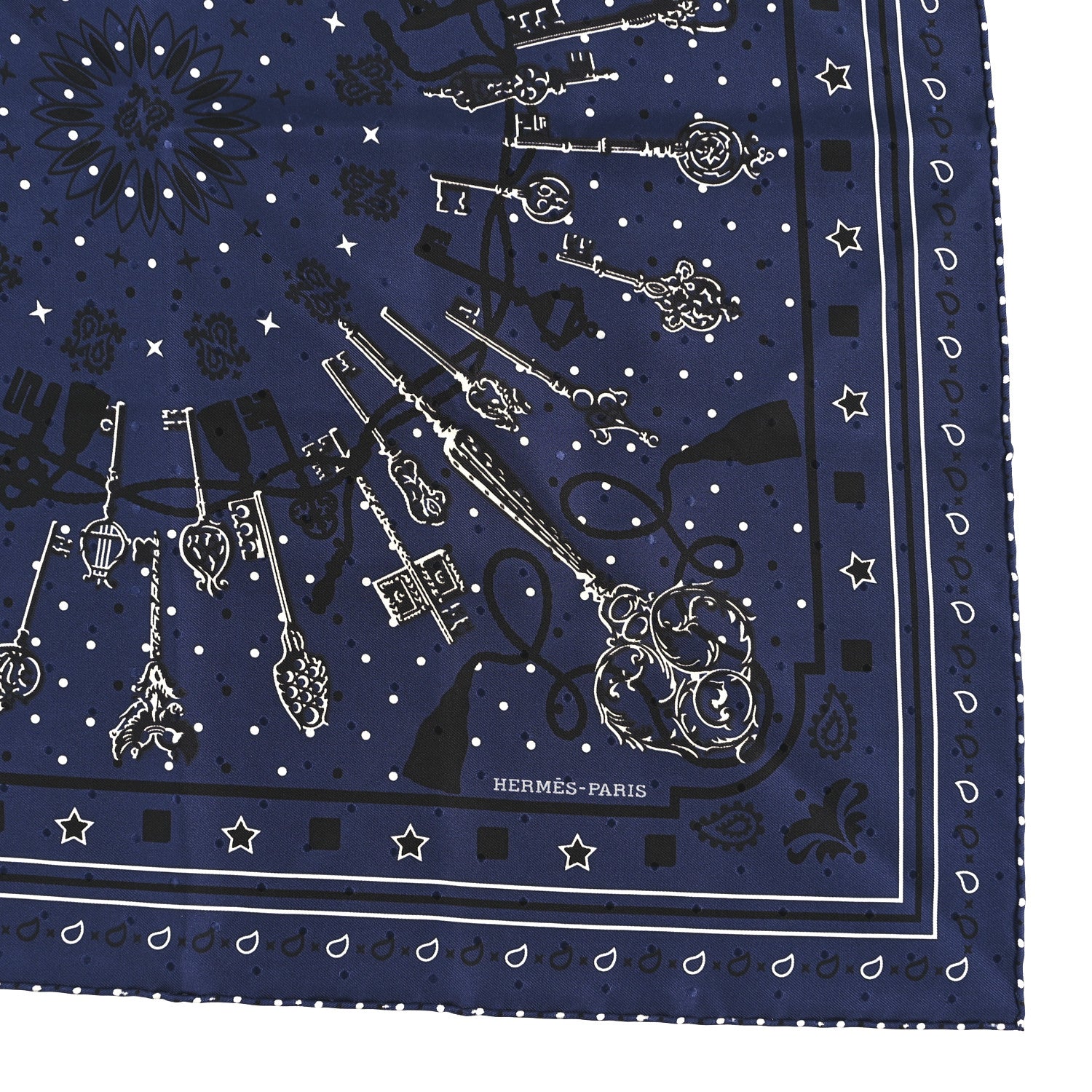 Hermes Silk Les Cles Bandana Scarf Marine Black White 1850912
