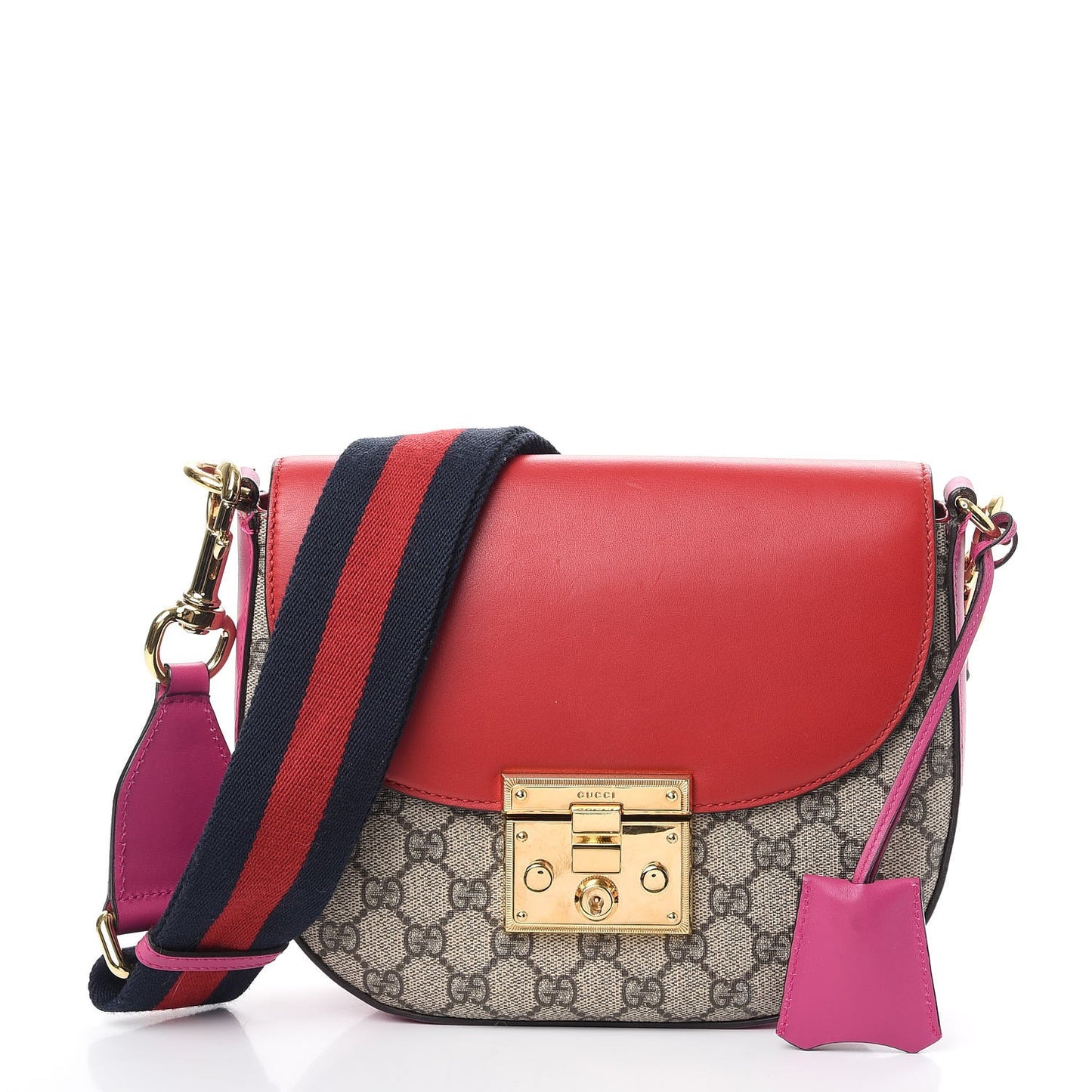 GG Supreme Monogram Calfskin Web Medium Padlock Messenger Shoulder Bag Beige Hibiscus Red New Rosette