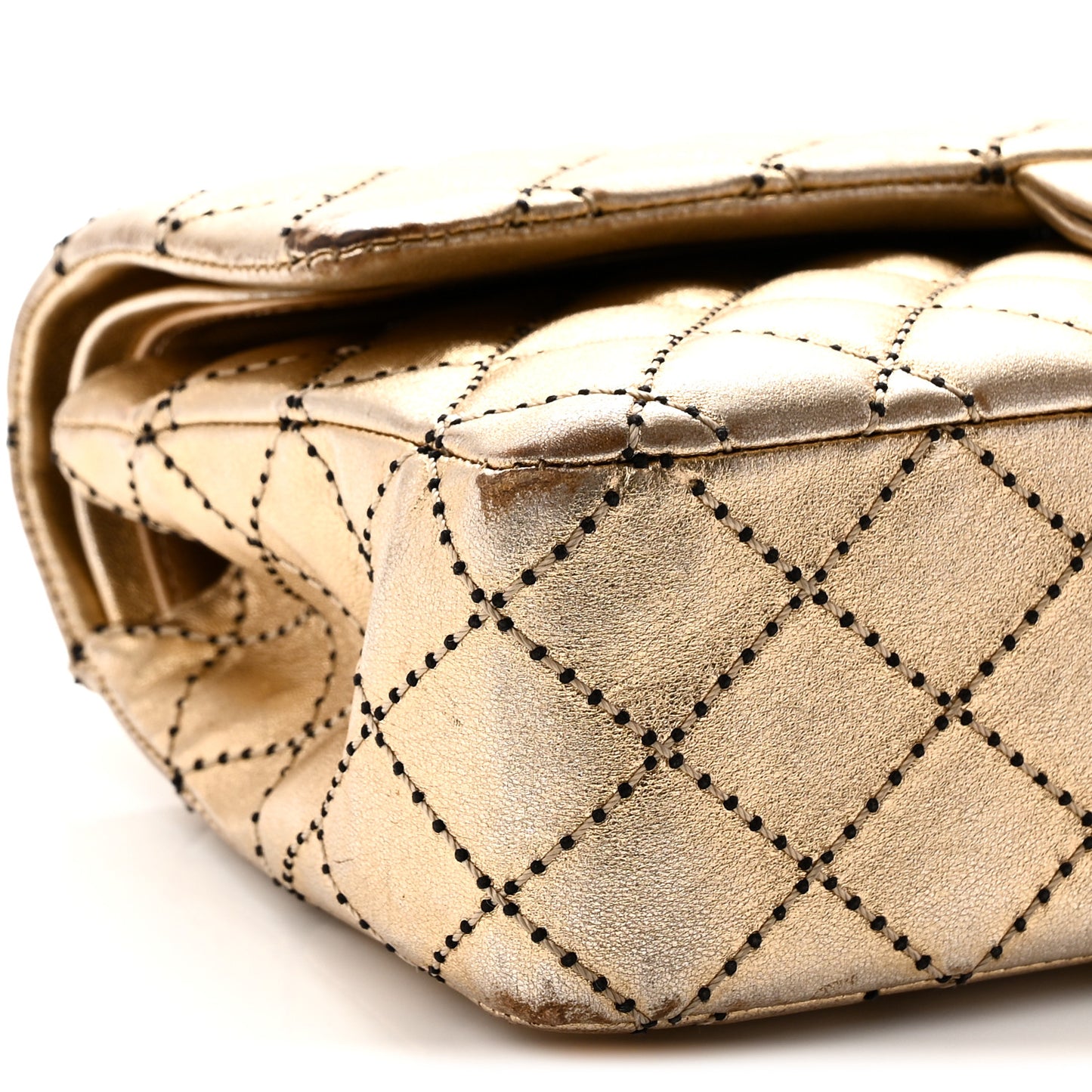 Metallic Washed Lambskin Quilted Medium Double Flap Dark Gold Black