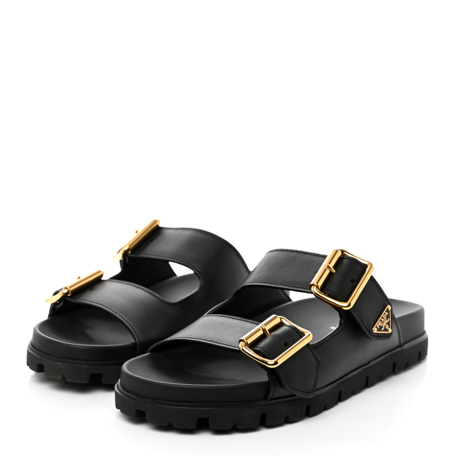 Prada Vitello Sport Metal Triangle Logo Womens Double Buckle 20mm Slide Sandals 39.5 Black 3 of 8