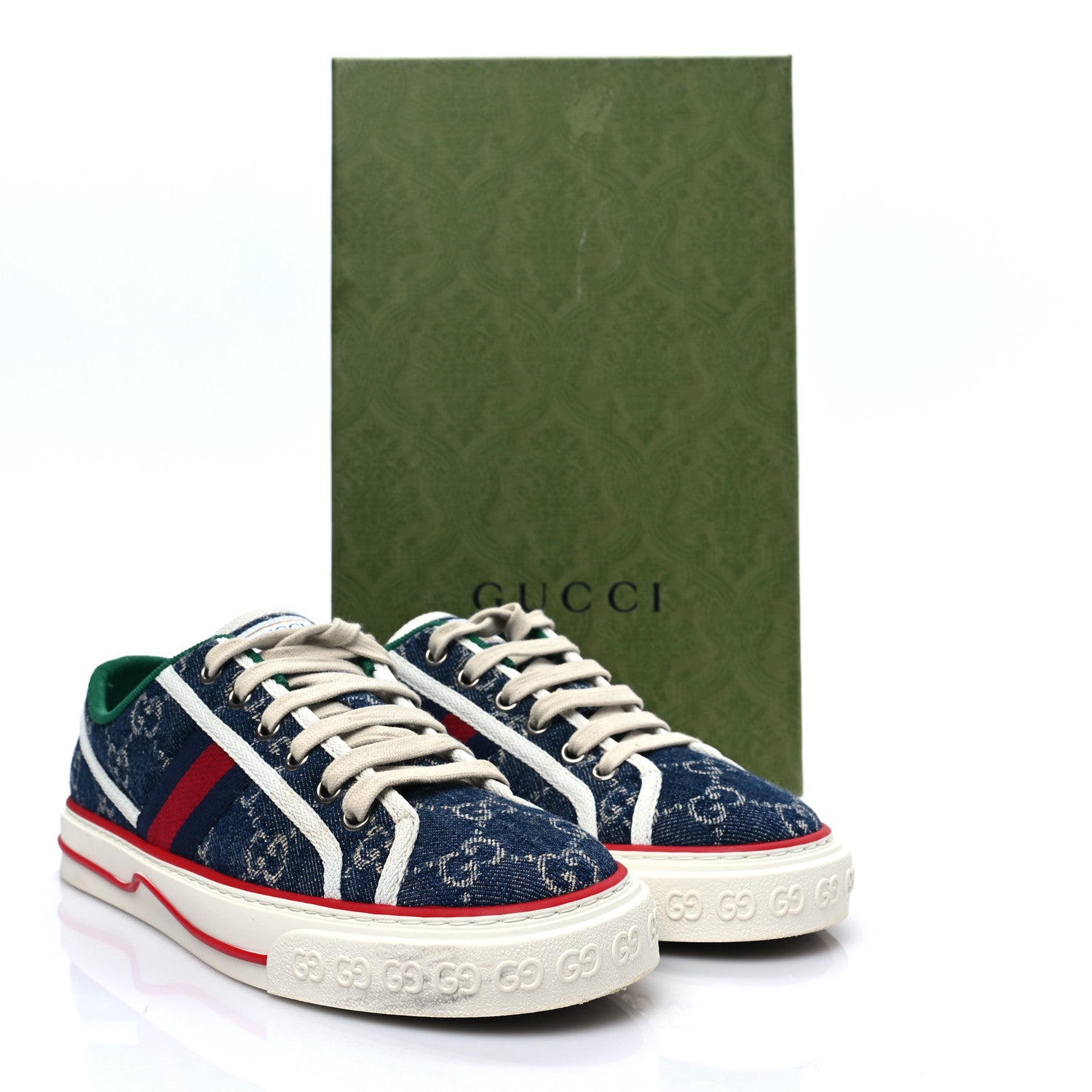 Gucci New Denim GG Monogram Web Womens 1977 Tennis Sneakers 38.5 Blue Tea Mystic White 8 of 8