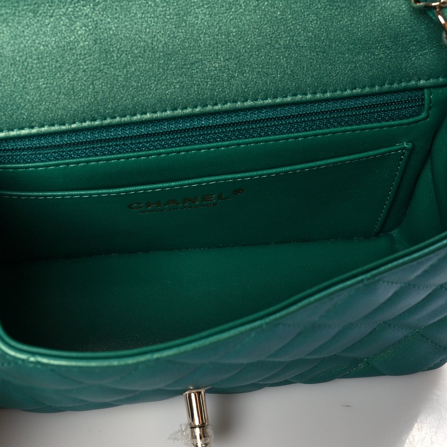 Iridescent Calfskin Quilted Mini Rectangular Flap Green