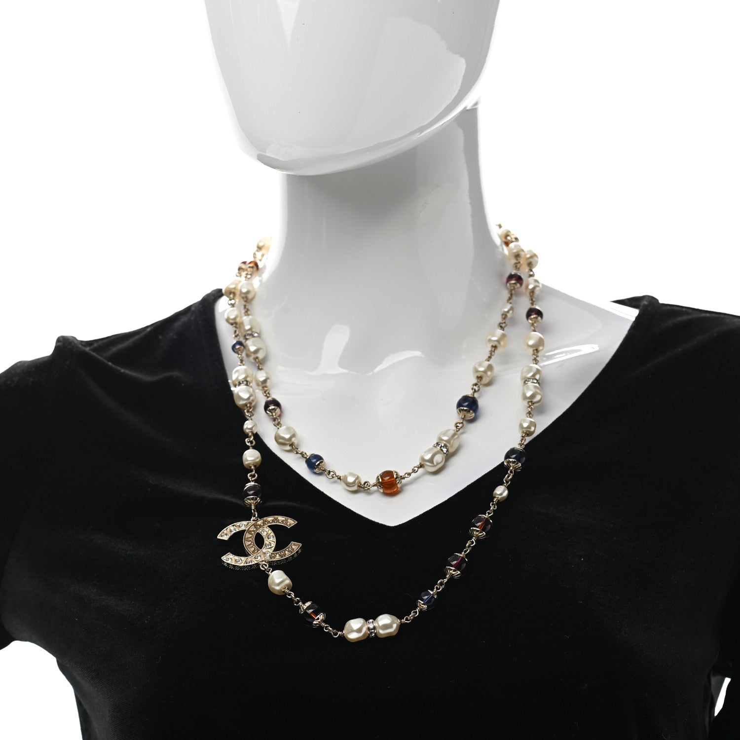 Chanel Pearl Beaded Crystal CC Long Necklace Gold Multi 2 of 5