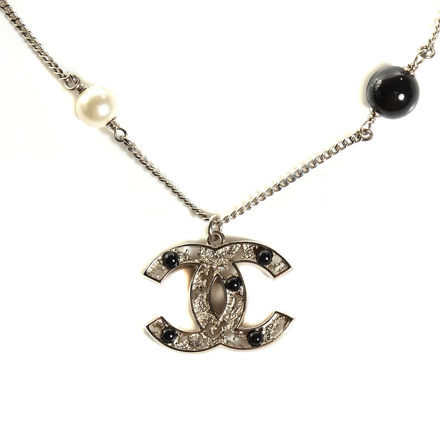 Chanel Pearl Beaded CC Necklace Black Silver 1 of 5