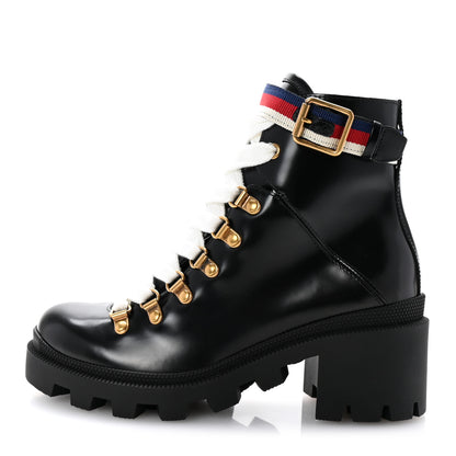 Gucci Calfskin Sylvie Web Lace Up Combat Boots 35 Black 1 of 10