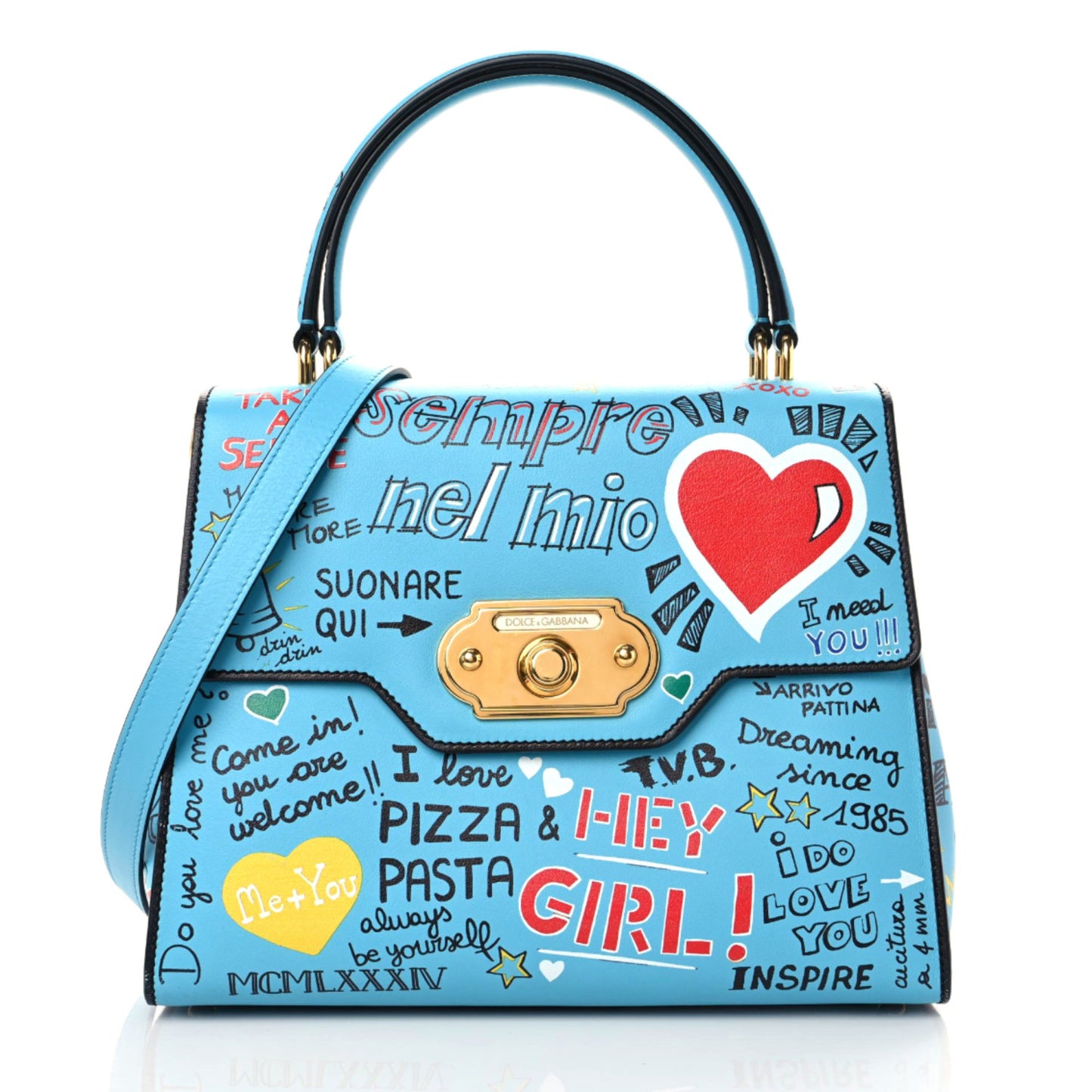 Calfskin Graffiti Printed Welcome Satchel Blue Black