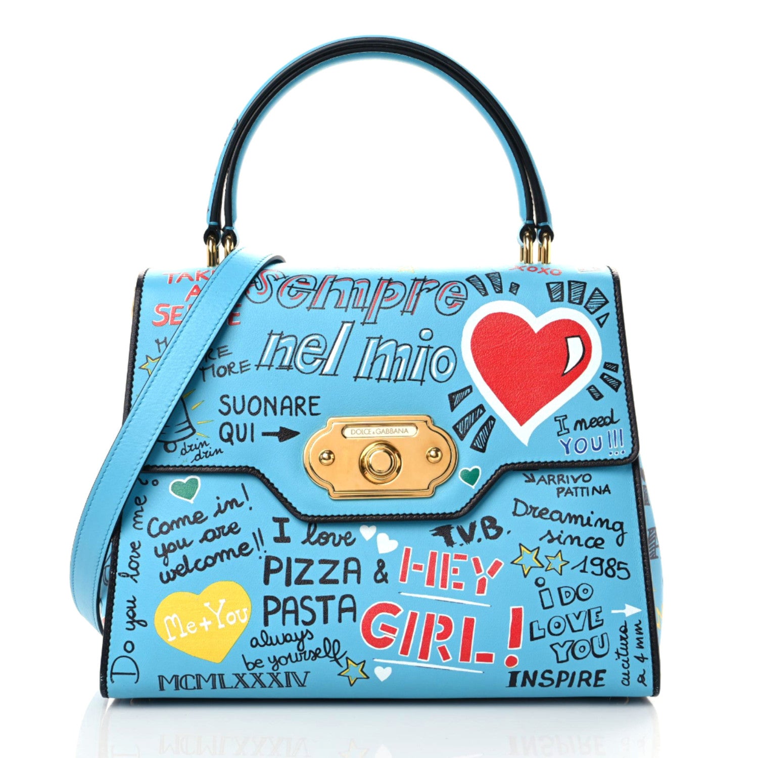 Dolce & Gabbana Calfskin Graffiti Printed Welcome Satchel Blue Black 1 of 14