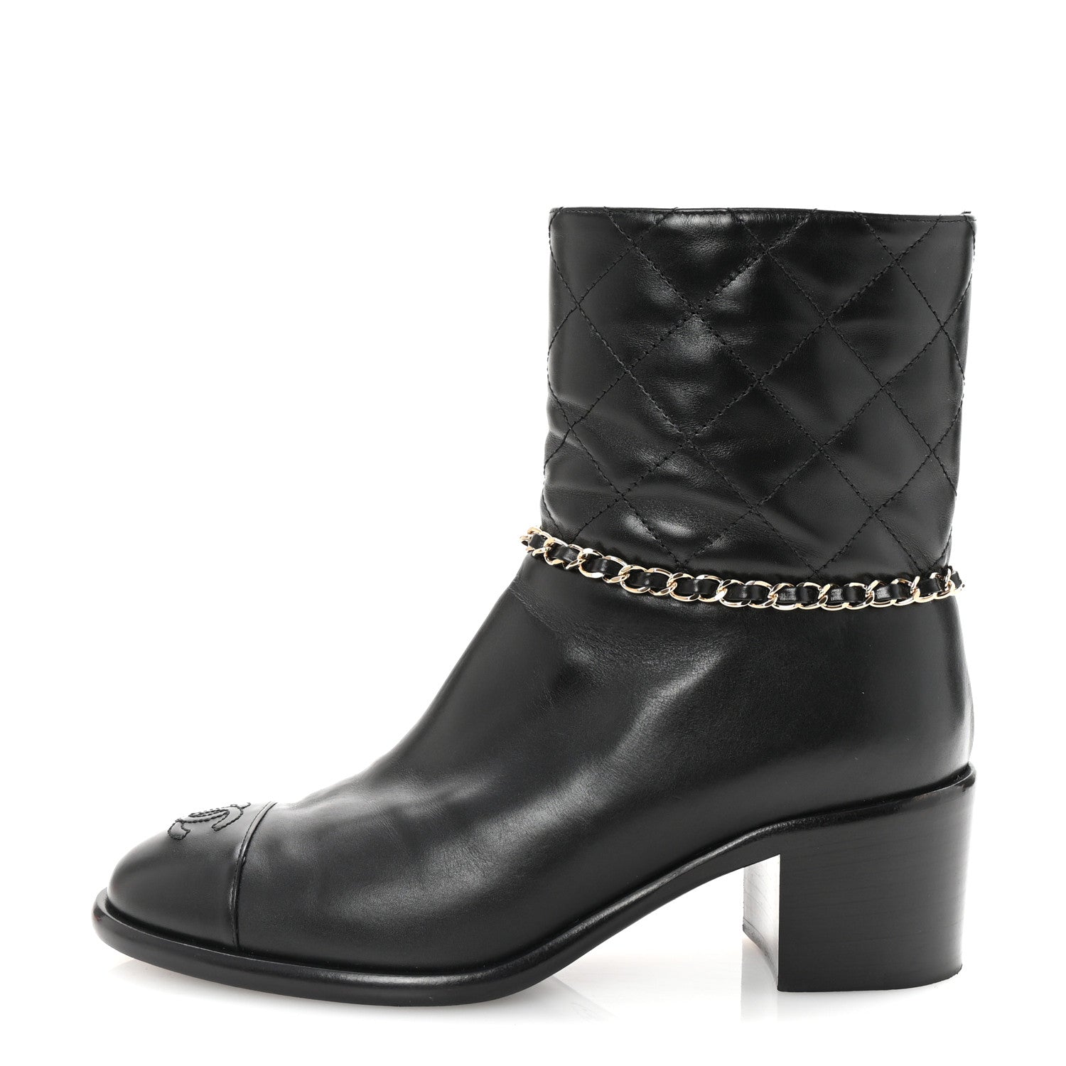 Chanel Calfskin Chain CC Cap Toe Short Boots 37.5 Black 1 of 10