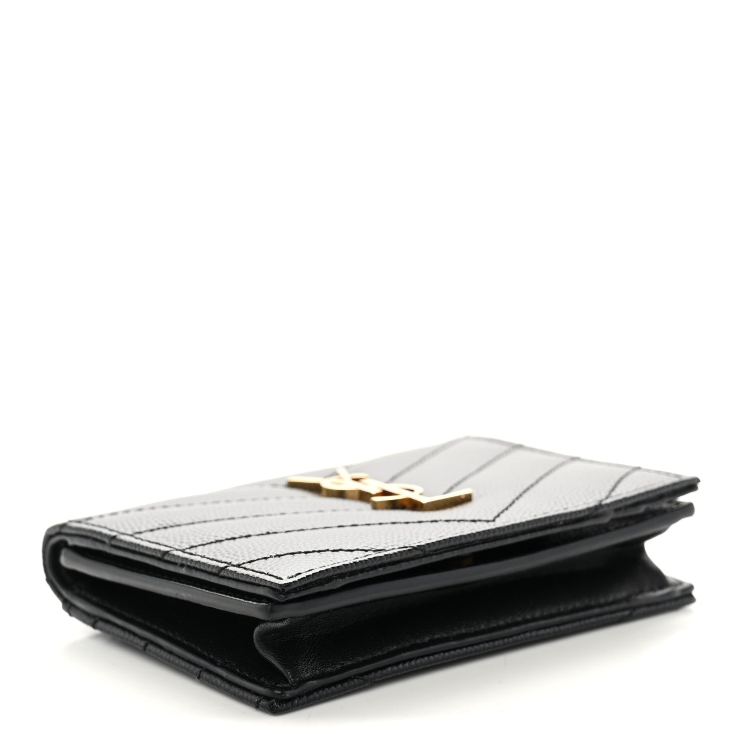 Saint Laurent Grain De Poudre Matelasse Chevron Monogram Flap Card Case Black 4 of 9