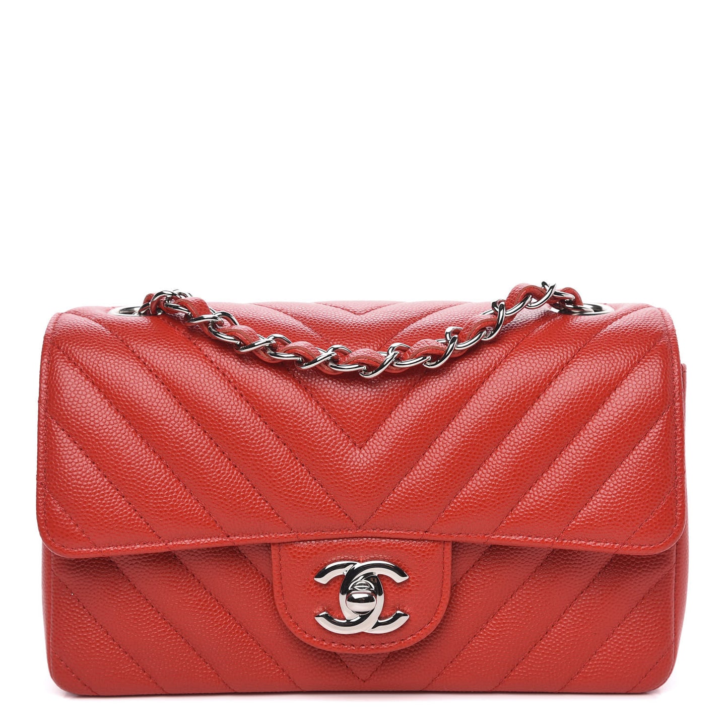Caviar Chevron Quilted Mini Rectangular Flap Red