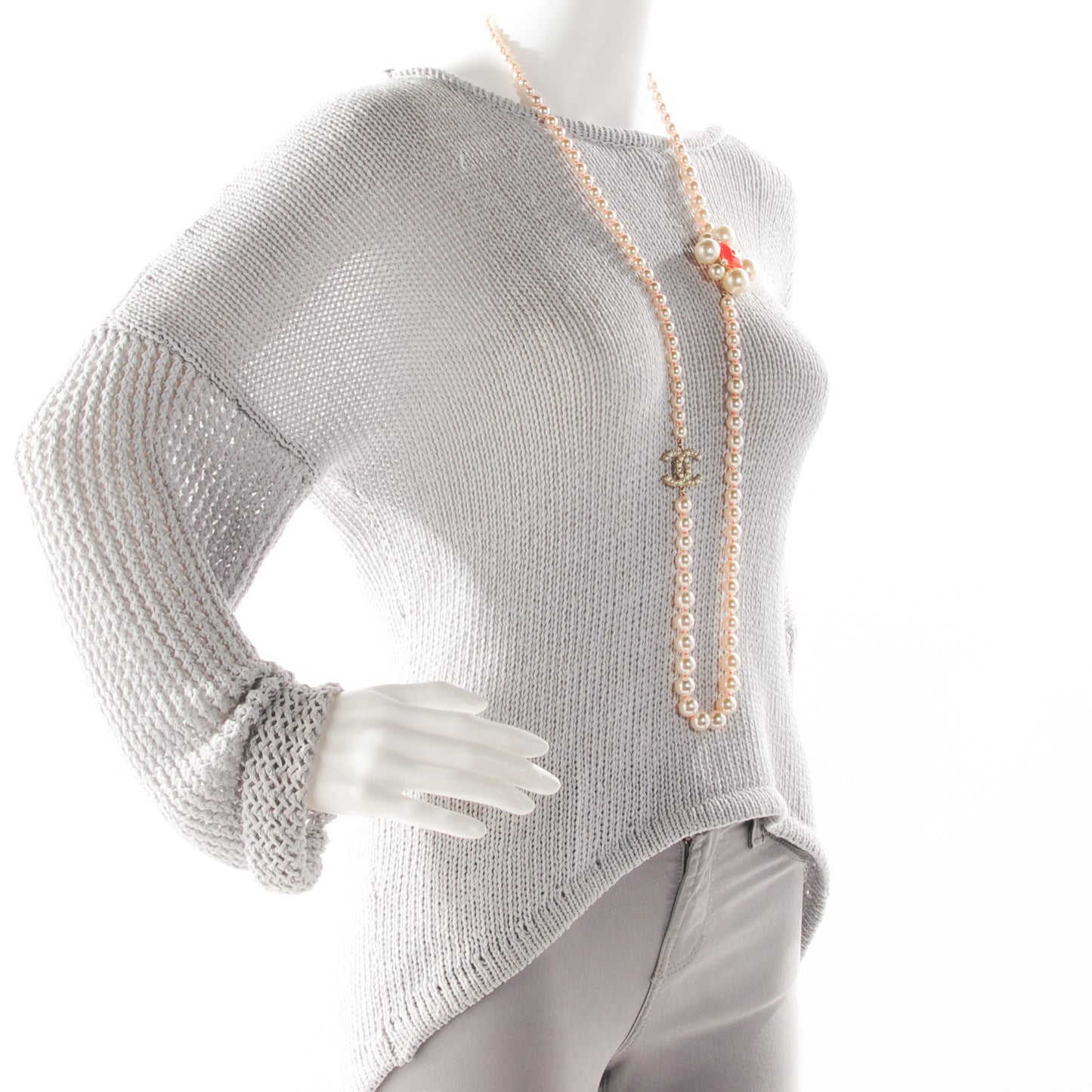 Pearl Crystal Gripoix Poured Glass CC Long Necklace Gold