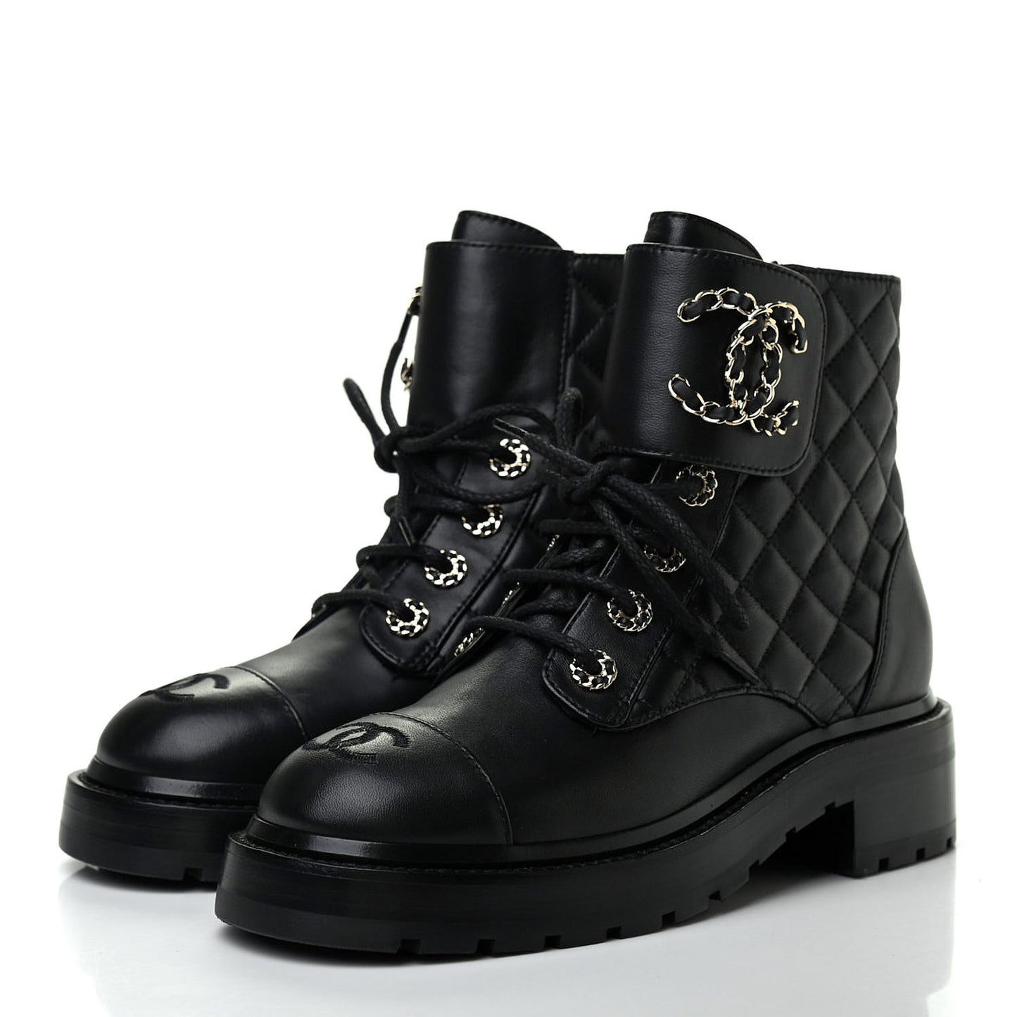 Shiny Lambskin Quilted Lace Up Combat Boots 36 Black