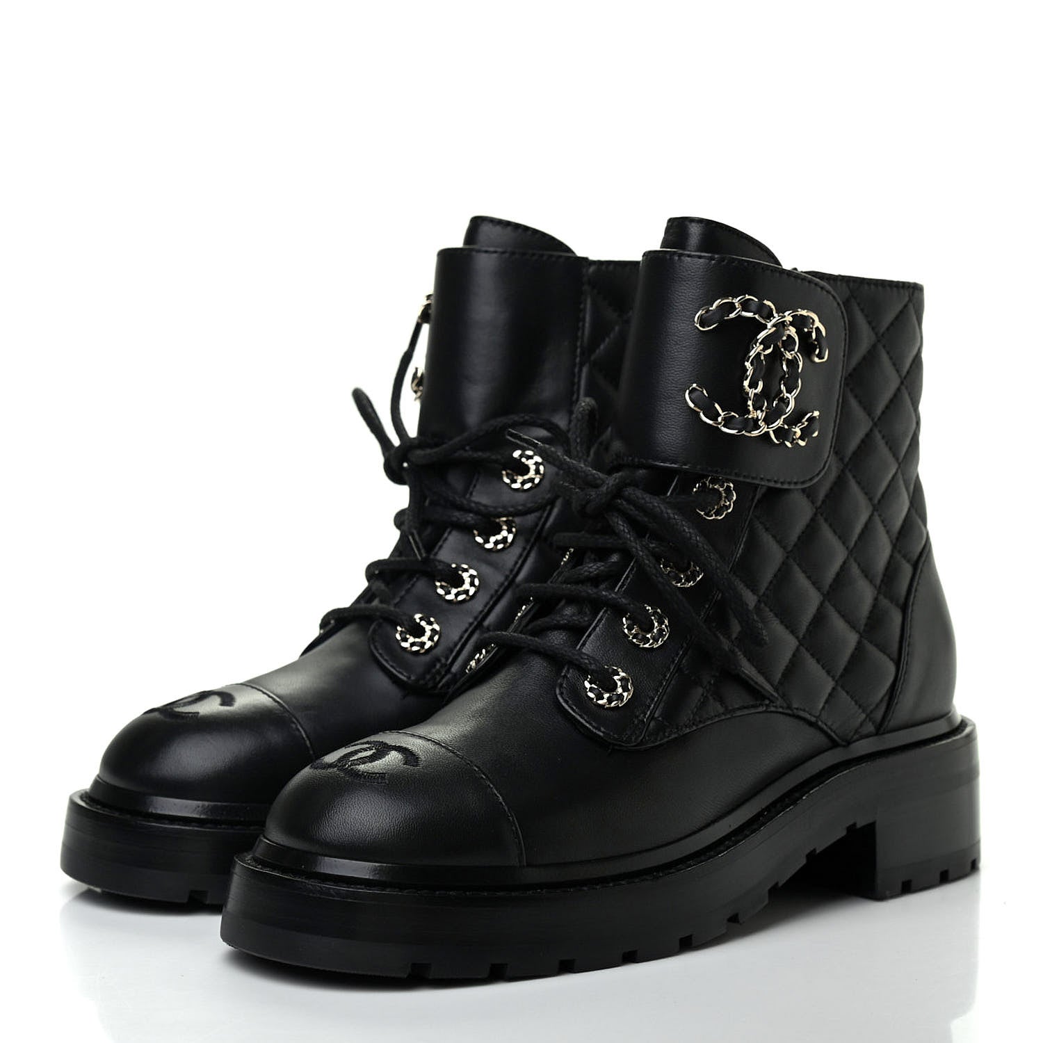 Chanel Shiny Lambskin Quilted Lace Up Combat Boots 36 Black 3 of 7