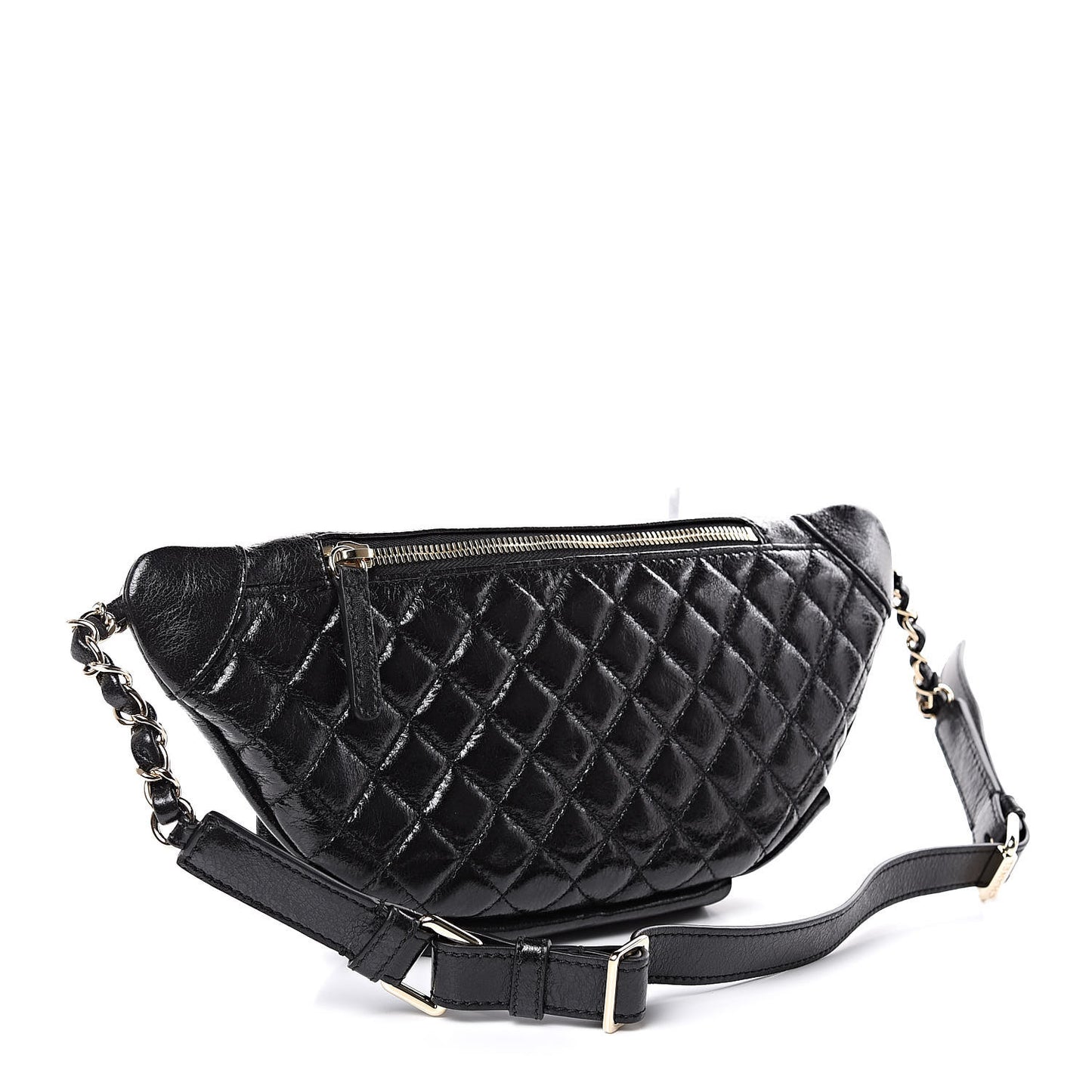 Crumpled Glazed Lambskin Quilted Waist Bag Fanny Pack Black