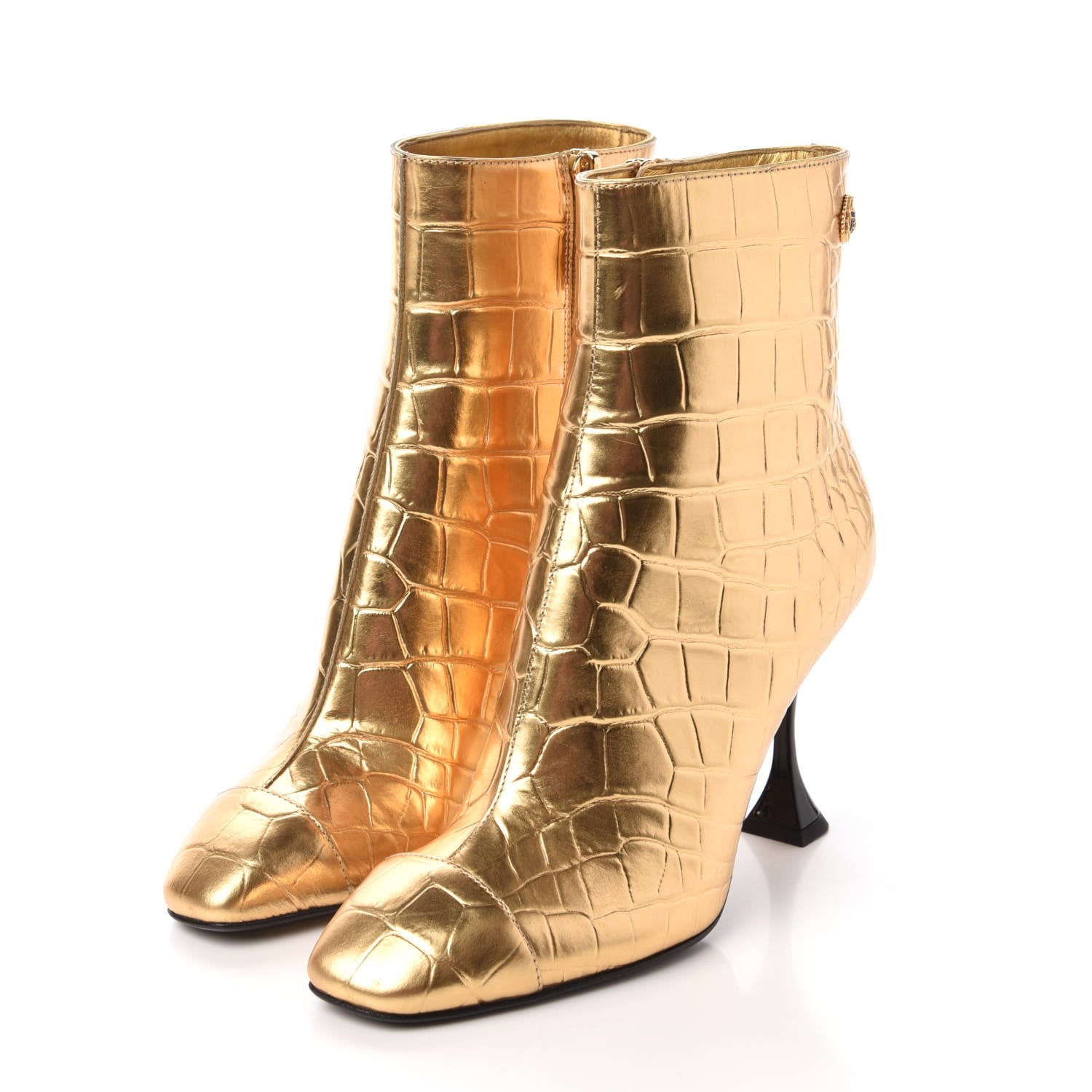 Chanel Calfskin Crocodile Embossed Cap Toe Ankle Boots 36 Gold 3 of 8