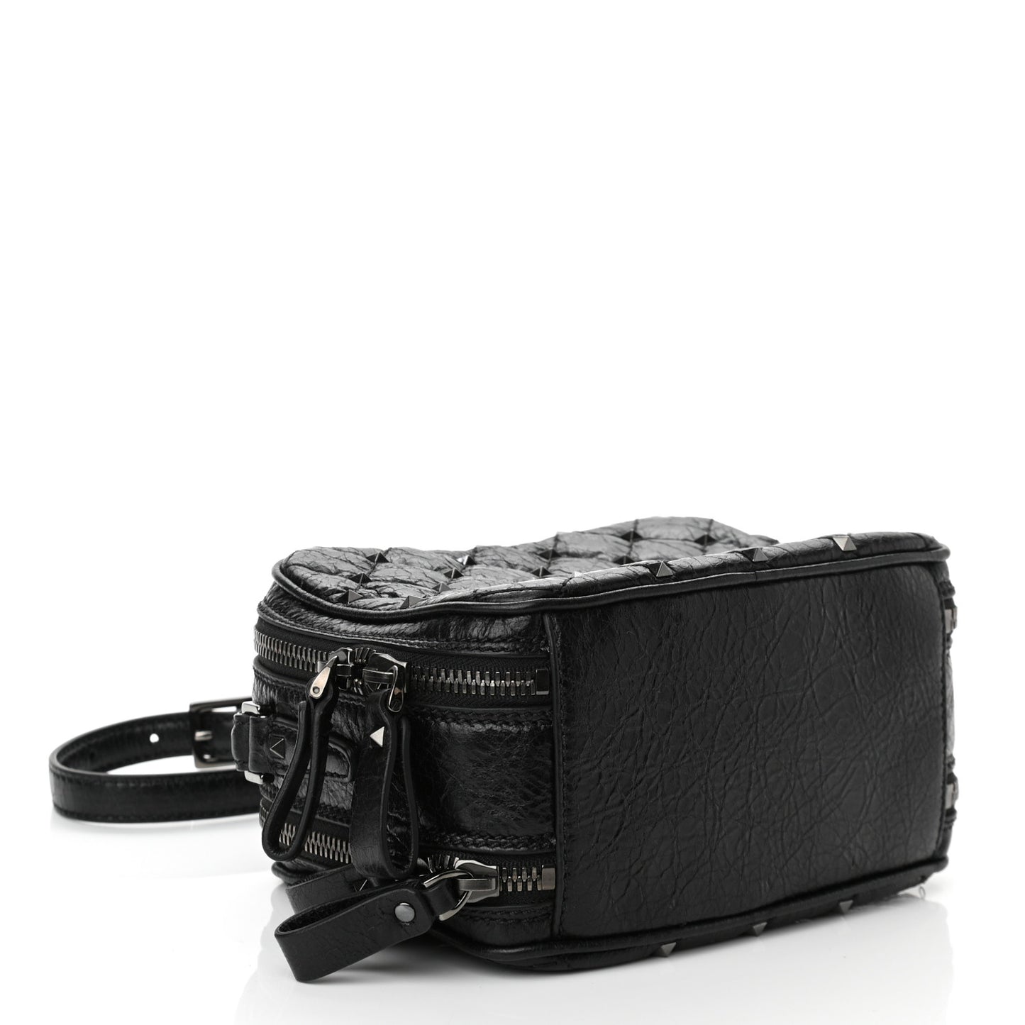 Craquele Nappa Rockstud Spike Double Zip Camera Crossbody Bag Black