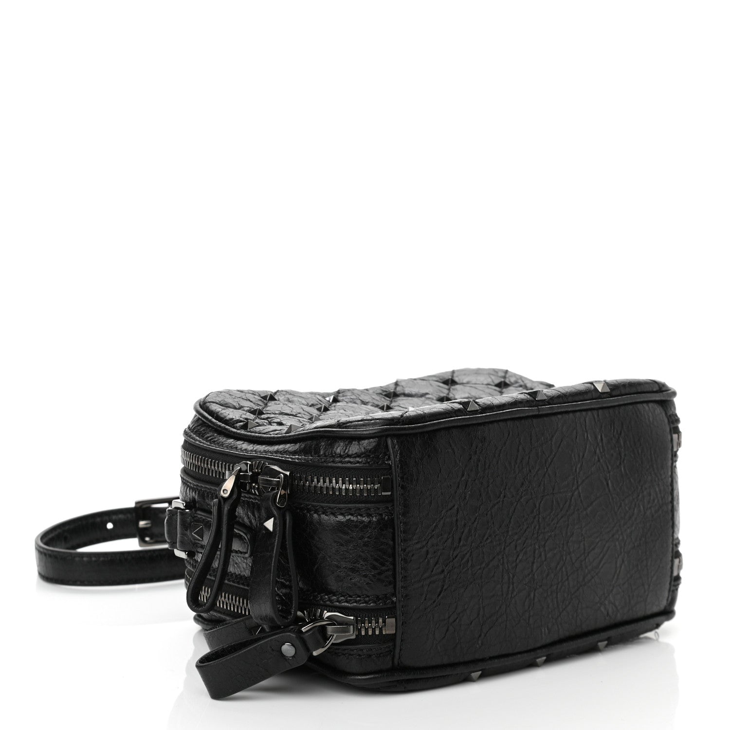Valentino Garavani Craquele Nappa Rockstud Spike Double Zip Camera Crossbody Bag Black 3 of 9