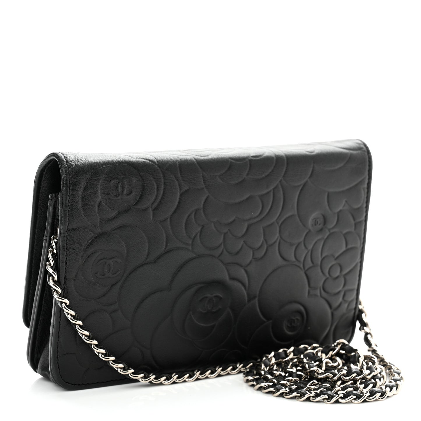 Lambskin Camellia Embossed Wallet on Chain WOC Black