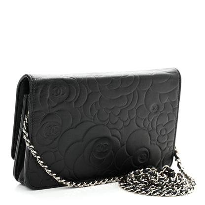 Chanel Lambskin Camellia Embossed Wallet on Chain WOC Black 2 of 10