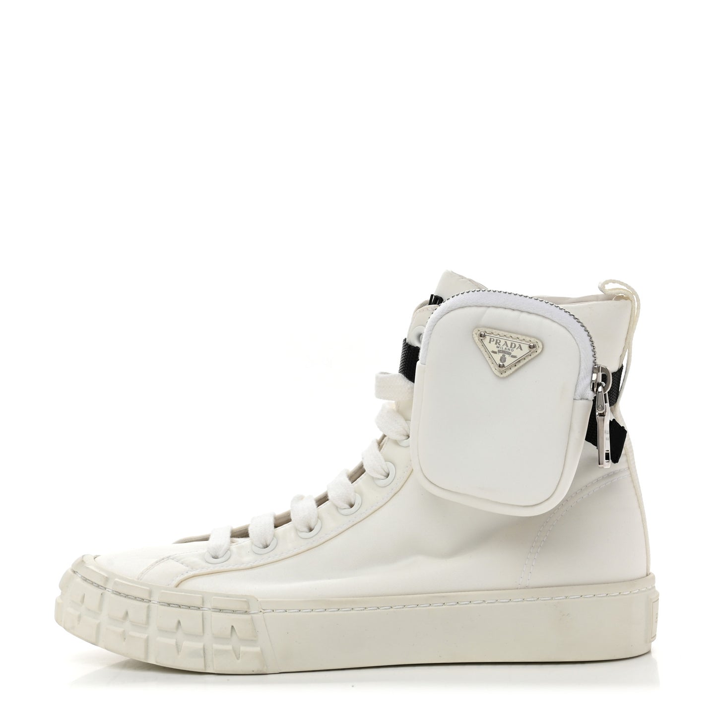 Re-Nylon Gabardine Metal Triangle Logo Wheel Pouch Pocket High Top Sneakers 38.5 White