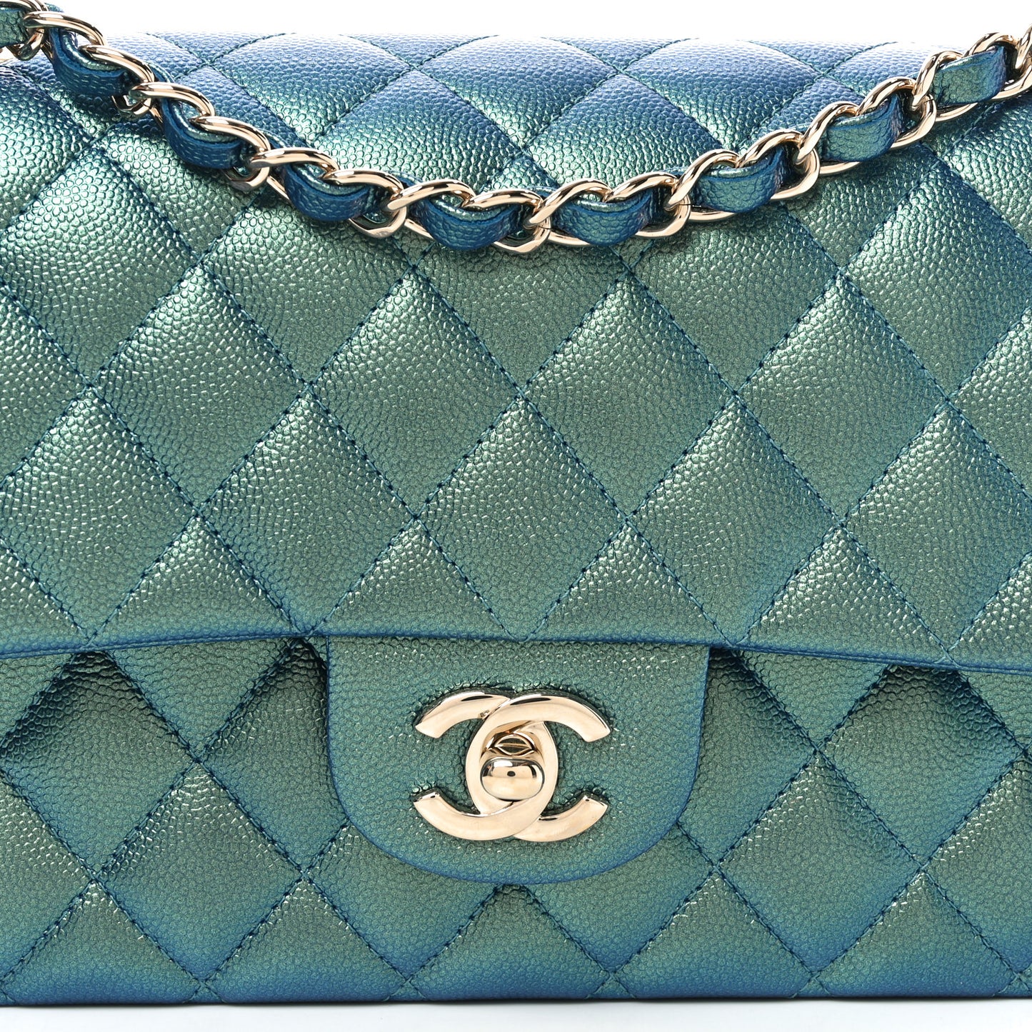 Iridescent Caviar Quilted Medium Double Flap Green