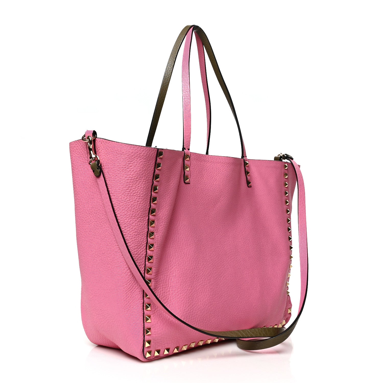 Valentino Garavani Grained Calfskin Medium Rockstud Reversible Tote Army Green Pink 12 of 16