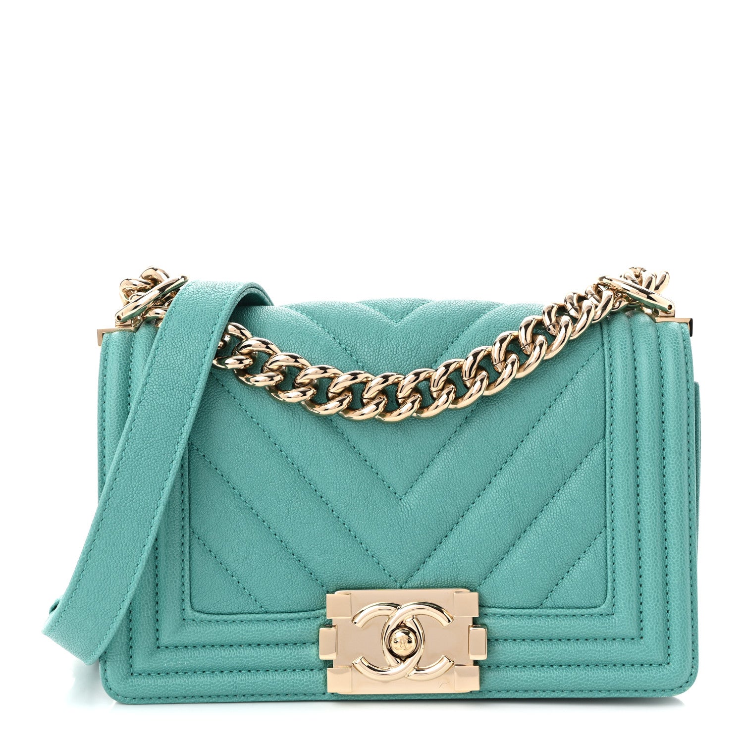 Chanel Caviar Chevron Quilted Small Boy Flap  Green 1 of 10