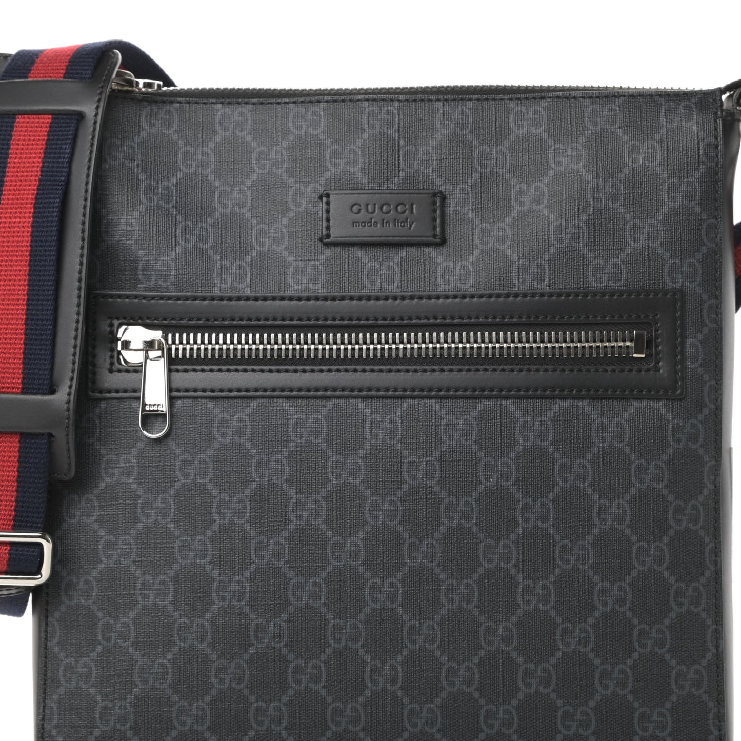 GG Supreme Monogram Appia Calfskin Web Flat Messenger Bag Black Grey