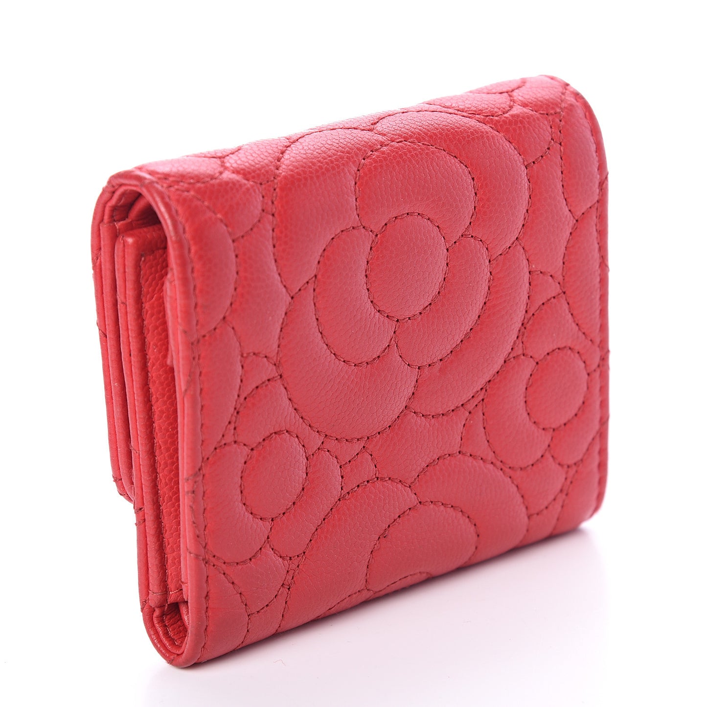 Caviar Camellia Embossed Compact Wallet Red
