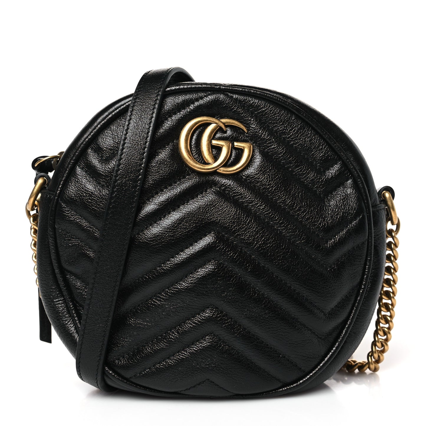 Azalea Calfskin Matelasse Heart Mini GG Marmont Round Shoulder Bag Black