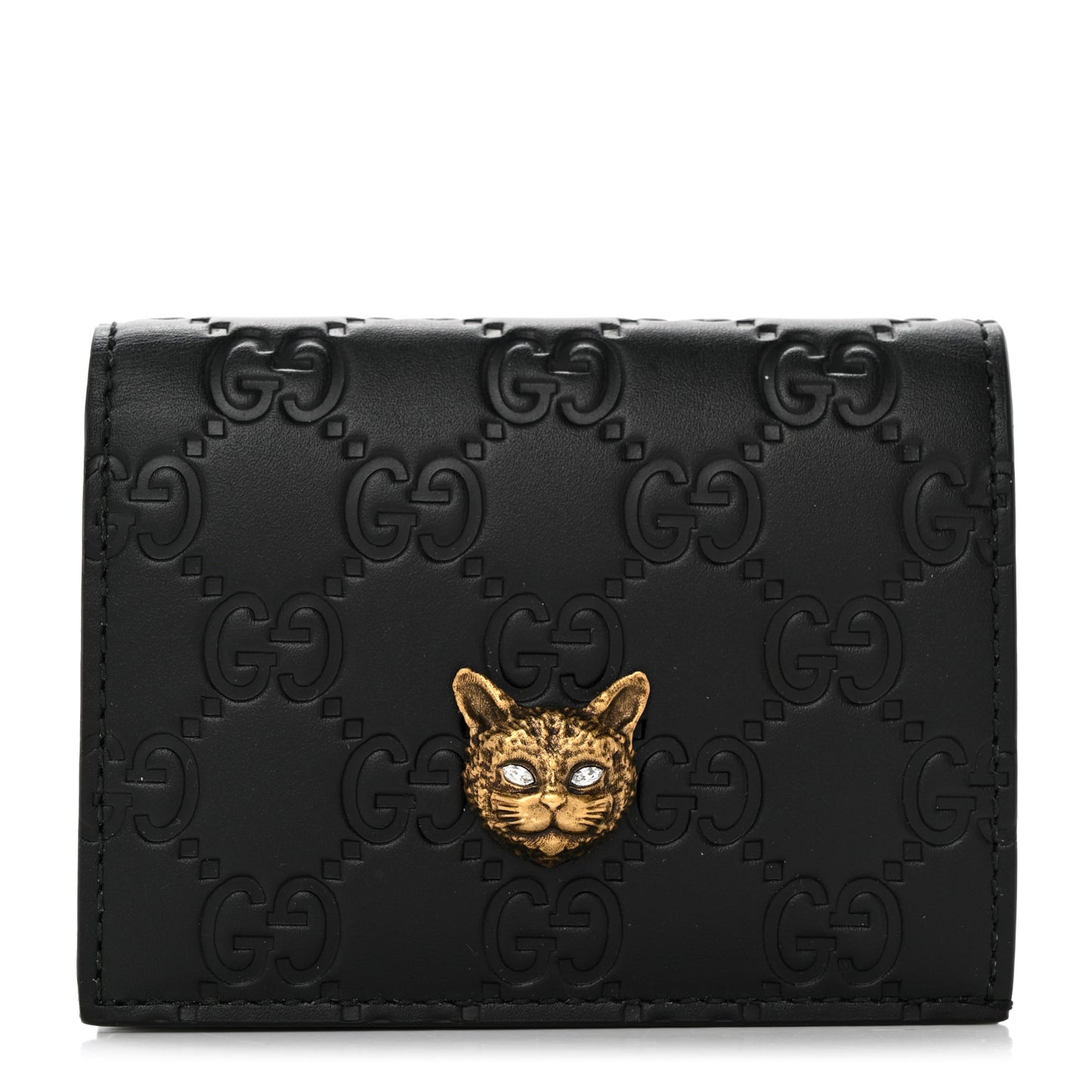 Guccissima Signature Crystal Cat Card Case Wallet Black