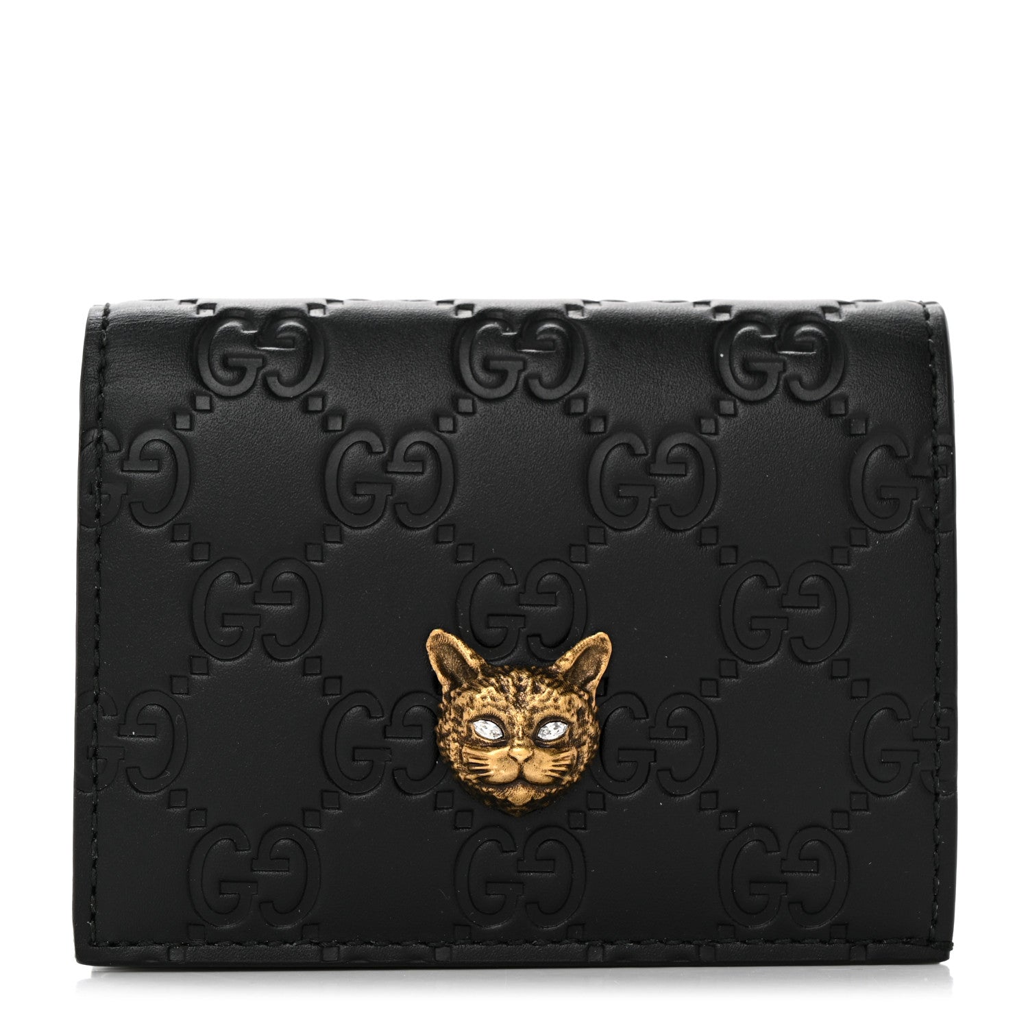 Gucci Guccissima Signature Crystal Cat Card Case Wallet Black 1 of 7