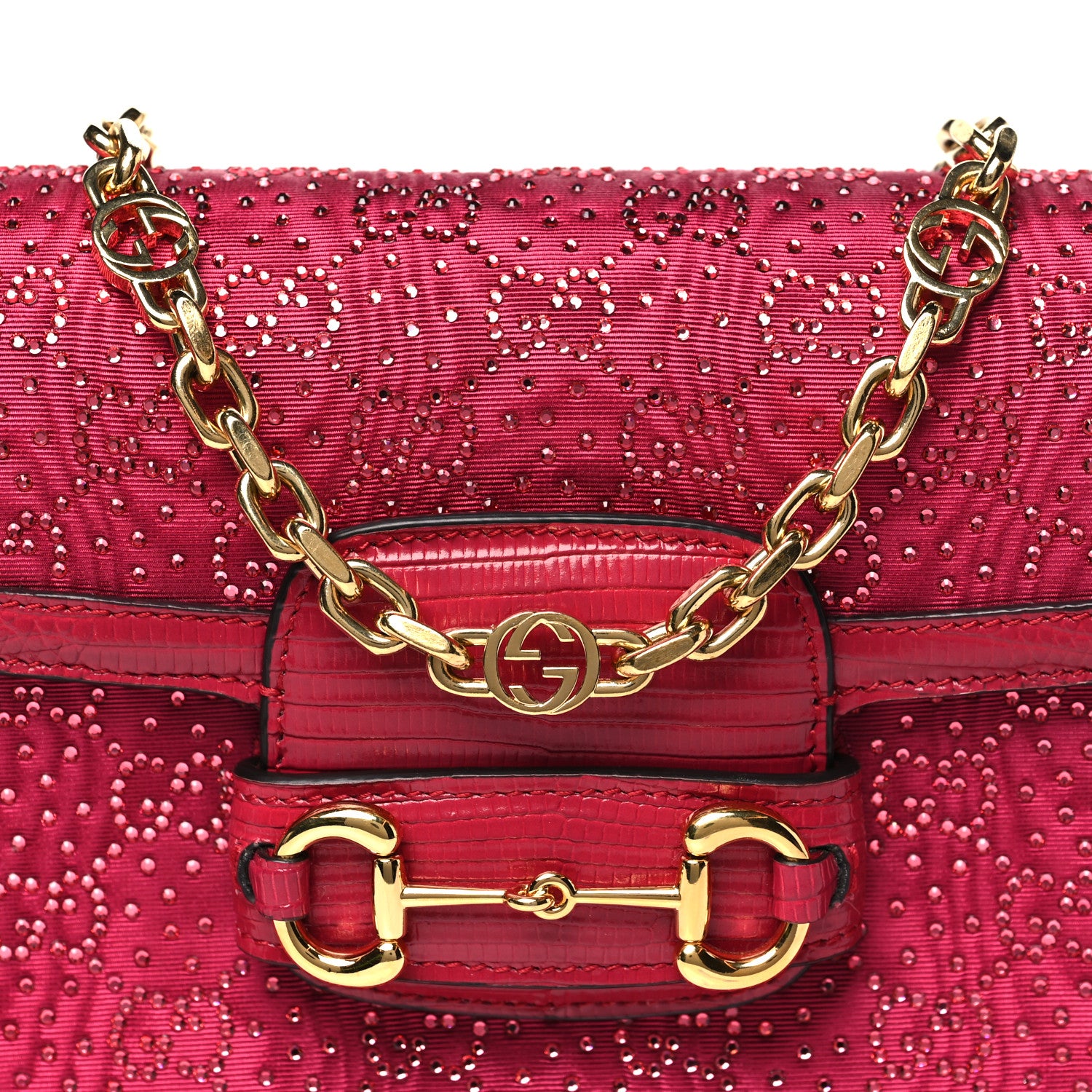 Gucci Canvas Calfskin Crystal GG Monogram Snakeskin Mini Horsebit 1955 Shoulder Bag Pink 8 of 11