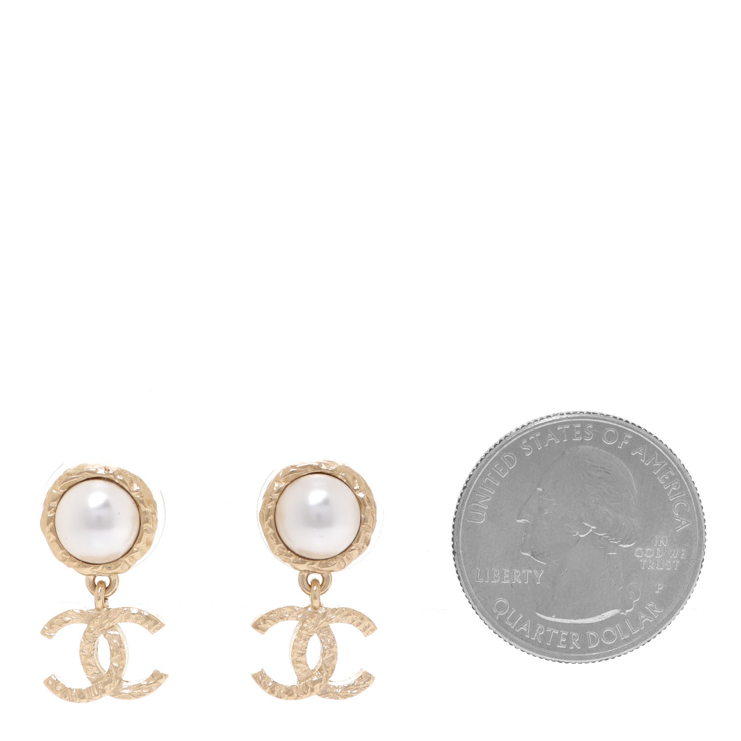 Chanel Pearl Hammered CC Drop Earrings Gold Pearly White 2 of 5