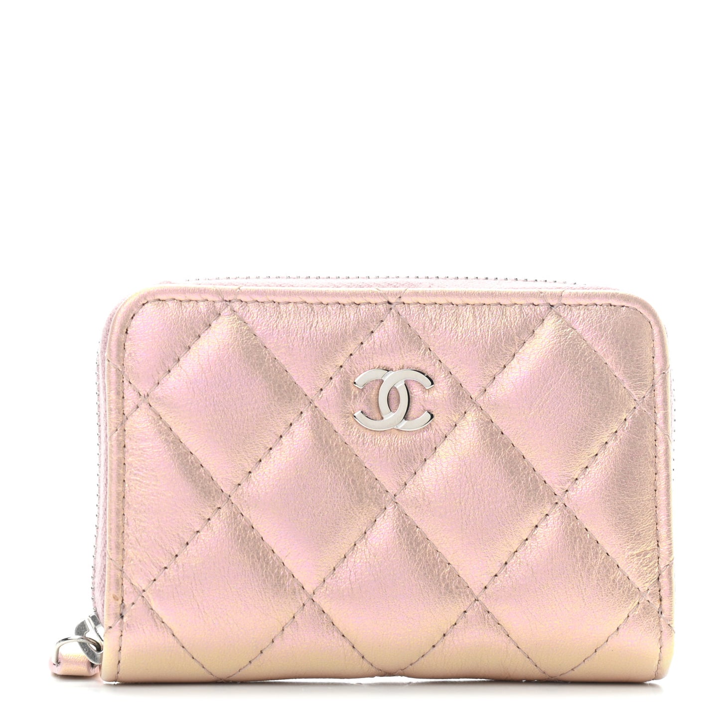 Metallic Calfskin Quilted Zip Around Coin Purse Wallet Pink