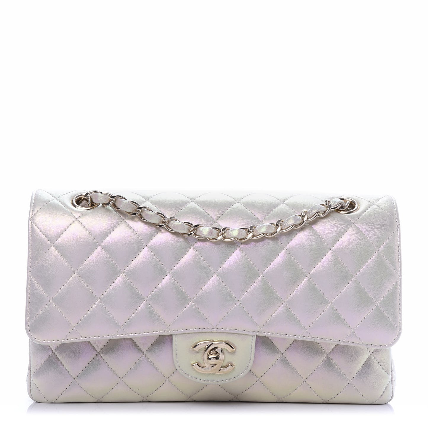 Iridescent Lambskin Quilted Medium Double Flap Ivory