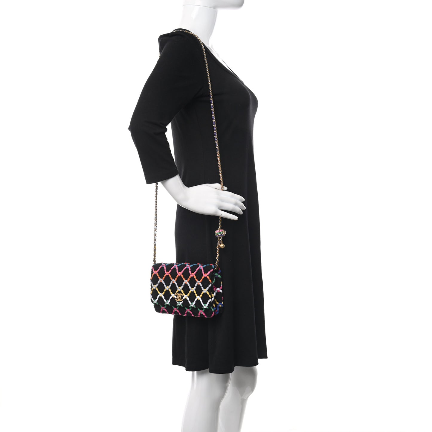 Tweed Diamond Threaded Pearl Crush Wallet On Chain WOC Black Multicolor